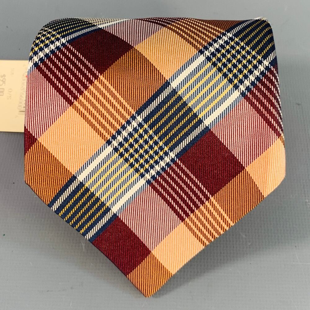 WILKES BASHFORD Burgundy Orange Plaid Silk Tie